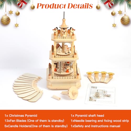 3-Tier Wooden Christmas Pyramid Nativity Carousel with 4 Candle Holders, 18"