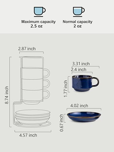 Gomakren Cobalt Blue 2.5oz Espresso Cups & Saucers Set of 4 with Metal Rack