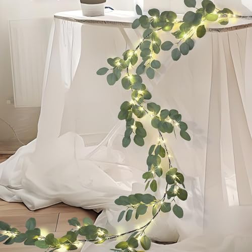 6.56ft Eucalyptus Garland with 96 LED Lights, Battery Operated Vine Decor
