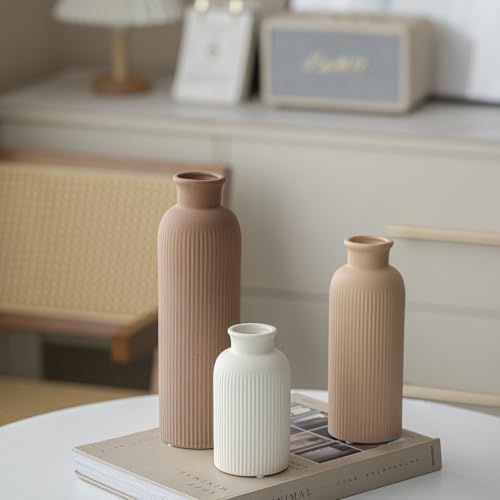 Modern Ceramic Vase Set - 3-Piece Ribbed Matte Vases for Home Decor