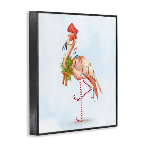 Midnight Black Festive Flamingo Christmas Wreath Wall Art - 24x30 Framed Giclee