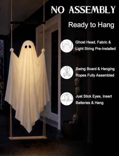 Joyehome 3.7FT Hanging Swing Ghost Outdoor Halloween Decoration with Waterproof Remote Lights