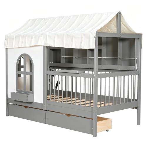 Twin Size House Bed with Storage Drawers, Bookshelf, and LED Lighting