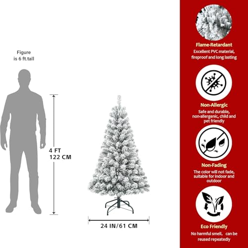 4FT Flocked Artificial Christmas Tree with Snowy Look, Unlit, Premium PVC Branches, Metal Stand for Indoor Holiday Decor