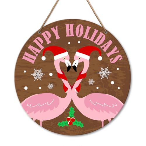 Afro Christmas Flamingo Sign for Front Door – Wooden Merry Christmas Decor (10.2 x 10.2 in) by Yousheager