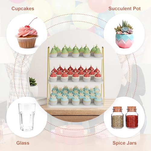 VyGrow White & Gold 3-Tier Cupcake Stand Display holds 55 Cupcakes Wooden & Metal