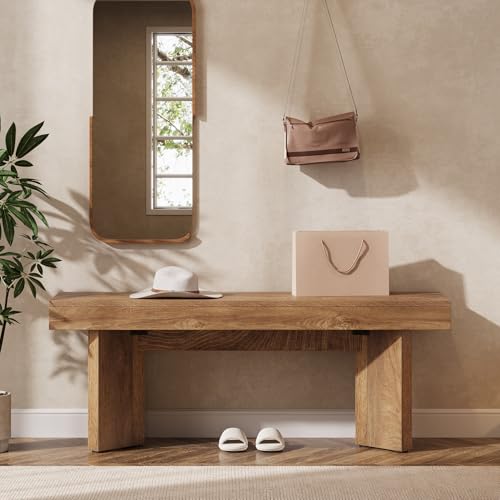 47-Inch Wooden Entryway Bench, Farmhouse Rustic Brown Bedroom Bench