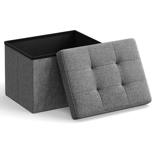 Small Folding Storage Ottoman Footrest Stool, Tufted Fabric - Dark Gray