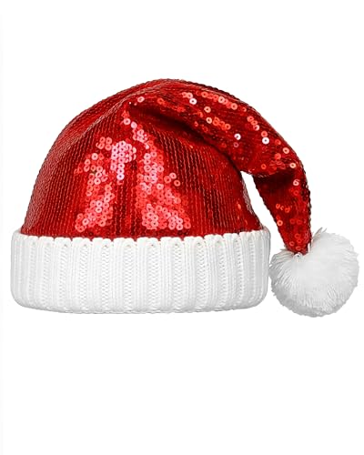 Sequin Knit Santa Hat for Adults - Bling Christmas Party Hat