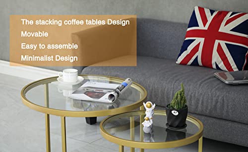 Round Nesting Coffee Table Set of 2, Modern Gold Metal and Tempered Glass