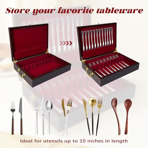 Solid Wood Silverware Storage Chest with Velvet Lining and Handles