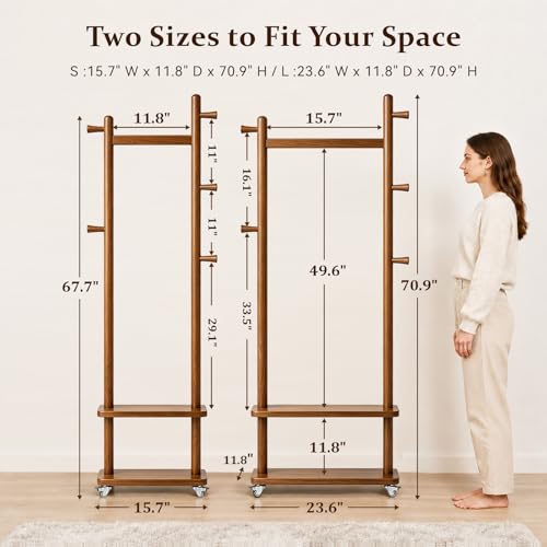 Freestanding Solid Wood Coat Rack with Wheels, 5 Hooks & 2 Storage Shelves