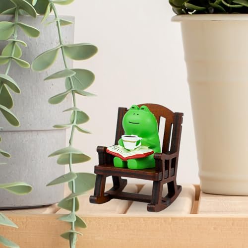 Mini Frog Figurine with Wooden Rocking Chair Desk Ornament Decor