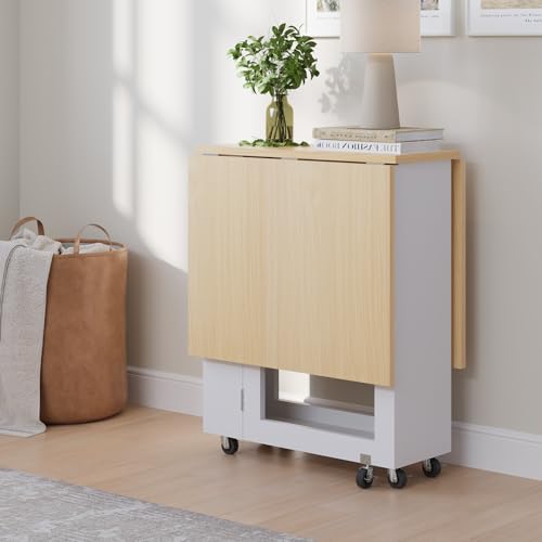 Folding Dining Table with Storage Shelf and Rolling Wheels, White
