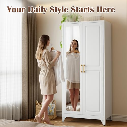 71-Inch Metal Wardrobe Closet with Mirror Door and Adjustable Shelves