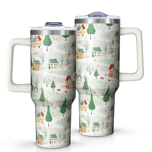 40oz Winter Village Tumbler with Handle & Straw - Insulated Mug, Holiday Gift