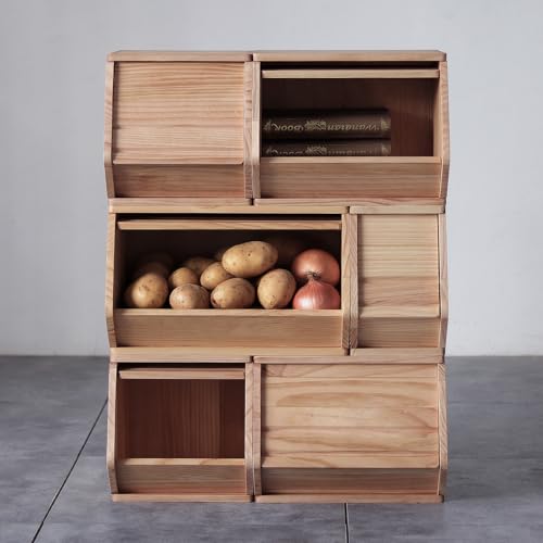 Stackable Solid Pine Wood Storage Bin with Front Door and Lid, 15.5-Inch
