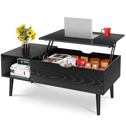 Lift Top Coffee Table with Hidden Storage Compartment and Side Shelves