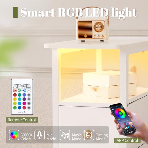 Tall Narrow Nightstand with Charging Station, LED Lighting & 4 Fabric Drawers