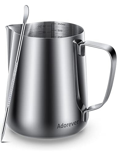Stainless Steel Milk Frothing Pitcher with Latte Art Pen - 12oz Milk Jug