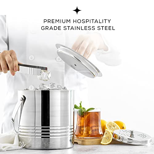 JoyJolt Double Wall Stainless Steel Ice Bucket with Lid & Tongs, 3L