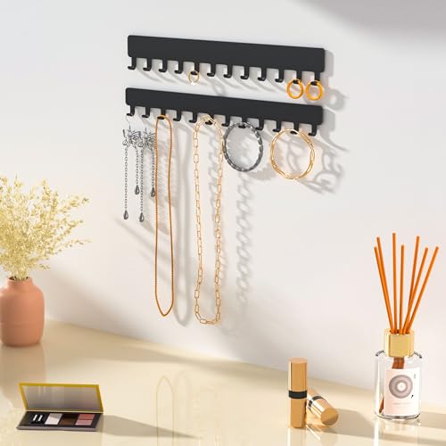 Wall Mounted Jewelry Organizer - 24 Hook Metal Necklace Holder, Black