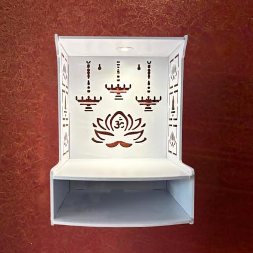 Small White Wooden Wall Mounted Pooja Mandir with LED Light & Storage Shelf - DIY Home Temple