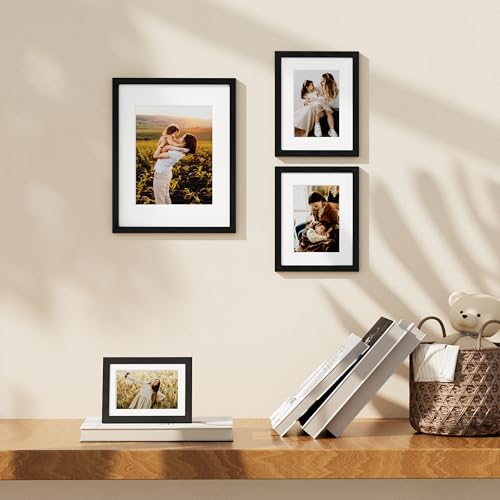 8x10 Black Picture Frames Set of 4 - Wall & Tabletop Frame with Mat