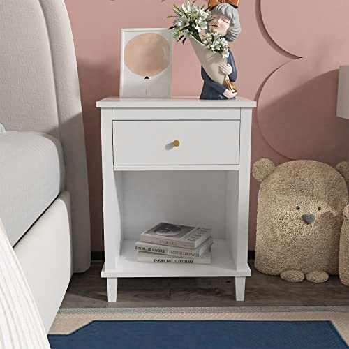 Modern Kids Nightstand with Drawer, White MDF Bedside Table for Bedroom