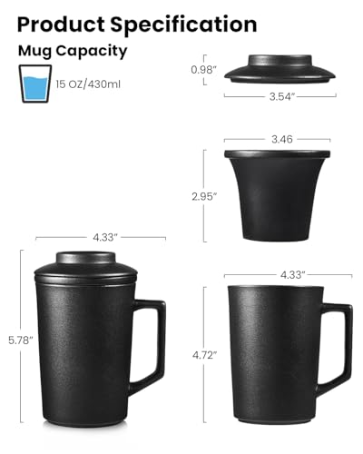 15 oz Ceramic Tea Mug with Lid & Porcelain Infuser - All Natural Filter, Microwave & Dishwasher Safe, BPA-Free, Black