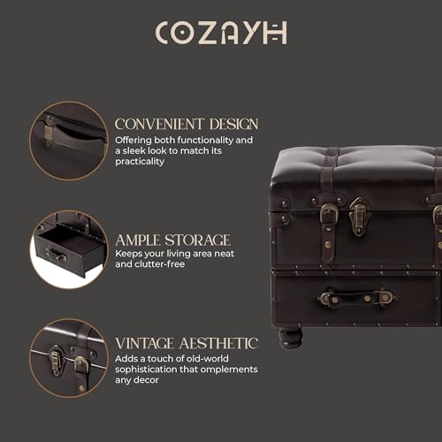 Vintage Faux Leather Storage Bench with Drawers and Hinged Lid