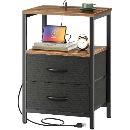 Nightstand with Charging Station, 2 Fabric Drawers & Storage Shelf