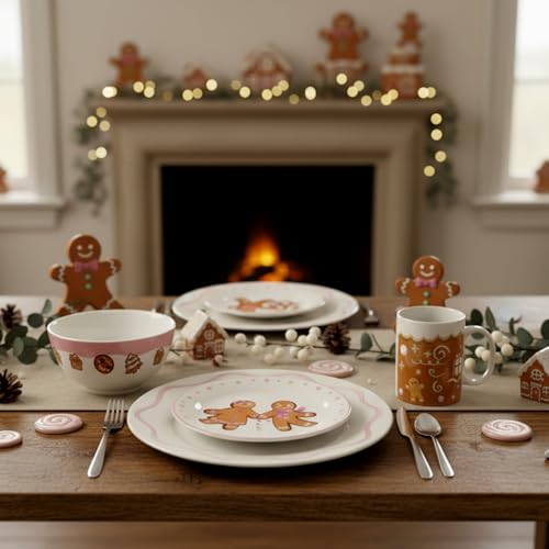 Pickmesh 16Pcs Pink Gingerbread Man Christmas Dinnerware Set for 4 Guests