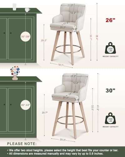 360° Swivel Counter Height Bar Stools with Back, 26-Inch Set of 2