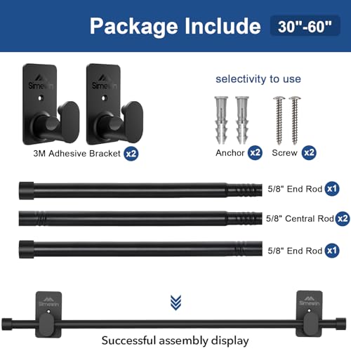 No Drill Curtain Rod Set - 30 to 60 Inch Adjustable with Adhesive Brackets