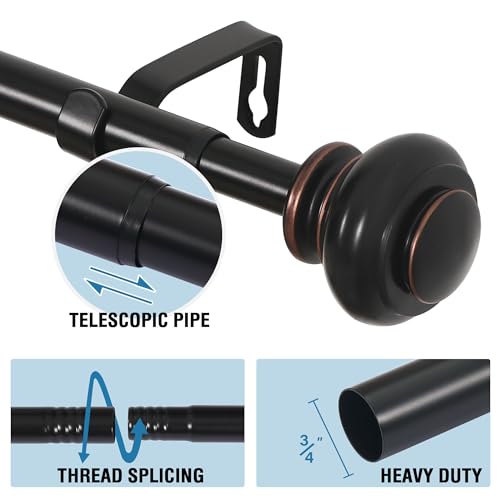 H.VERSAILTEX Curtain Rods for Windows 16.2 to 43.8 Inches 3/4 inch Diameter Adjustable Decorative Telescoping Curtain Rod with Brackets Heavy Duty Splicing Window Rods with Classic Finials, Black
