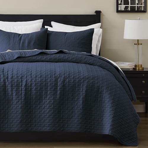 Navy Blue 100% Cotton Queen Quilt Set - 3-Piece Lightweight Bedspread