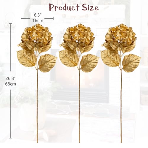 Hollyone Gold 3-Pack Artificial Hydrangea Flowers 26.8in – Fake Floral Centerpieces for Wedding, Party, Christmas