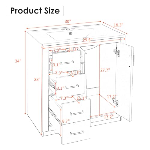 30-Inch Bathroom Vanity with Ceramic Sink, Blue Freestanding Storage Cabinet