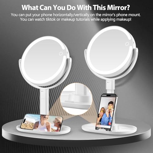 MIYADIVA White Makeup Mirror with Lights, 30X Magnification, Touch Control, Rechargeable Vanity with 3 Color Modes & 80 LEDs