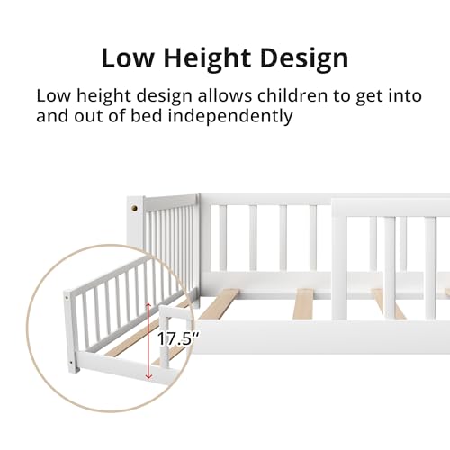 Twin Size Montessori Floor Bed with Safety Guardrails, Solid Wood Frame