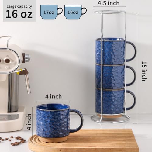 Vivid Blue Nihow 16oz Ceramic Coffee Mug Set of 4 with Stackable Stand