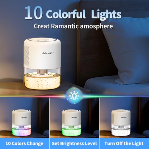 Small Portable Dehumidifier for Home, 44oz Tank with 3 Modes and 10 Lights