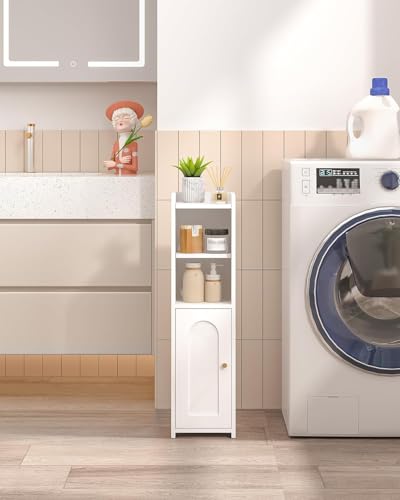 Narrow Bathroom Storage Cabinet with Adjustable Shelves, White Floor Organizer
