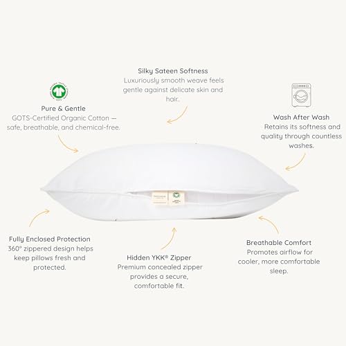 Organic Cotton Pillow Protectors - Set of 2, King Size Zippered Case