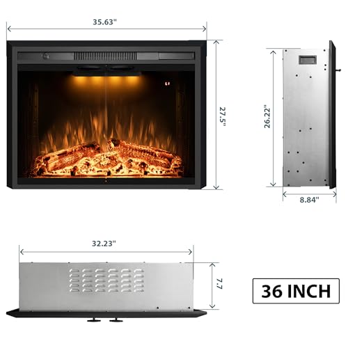 36 Inch Electric Fireplace Insert with Glass Doors and Crackling Sound