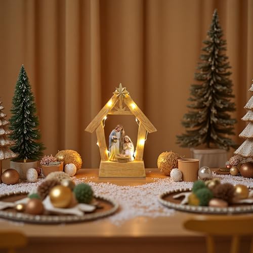 7.3-Inch LED Lighted Nativity Set - Hand-Painted Resin Holy Family Statue