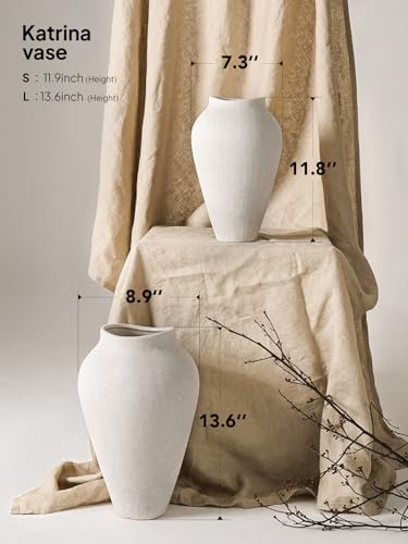 Large White Ceramic Vase - 11.8 Inch Rustic Farmhouse Table Centerpiece
