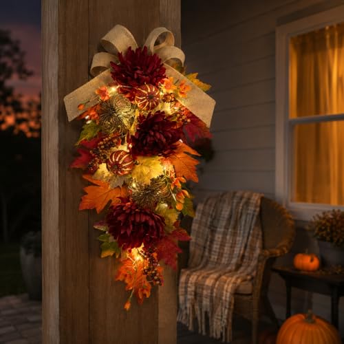 24-Inch Lighted Fall Teardrop Swag with Timer, Pumpkins and Burlap Bow