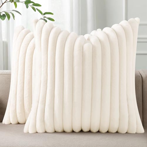 Pallene Faux Fur Throw Pillow Covers 18x18 Set of 2, Cream White Plush Decor